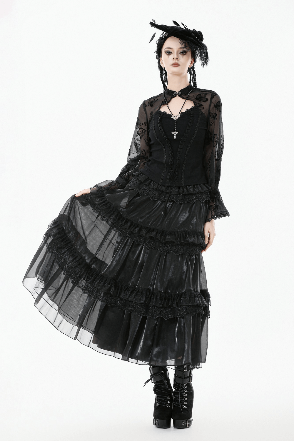 Female Layered Black Lace Mesh Skirt with Ruffled Tiers on model showcasing gothic style outfit.