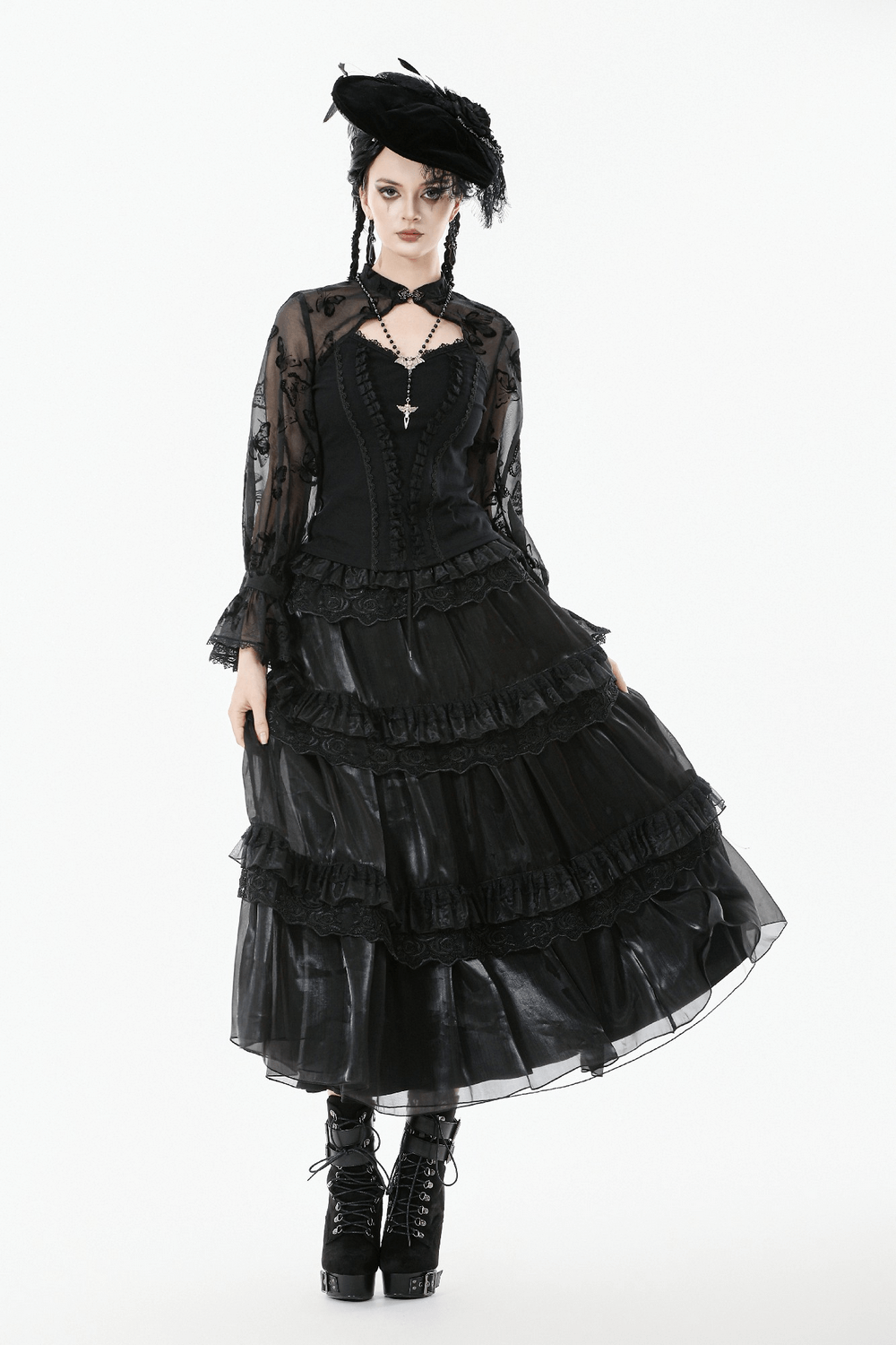 Female Layered Black Lace Mesh Skirt with Ruffled Tiers, perfect for gothic and alternative fashion styles.