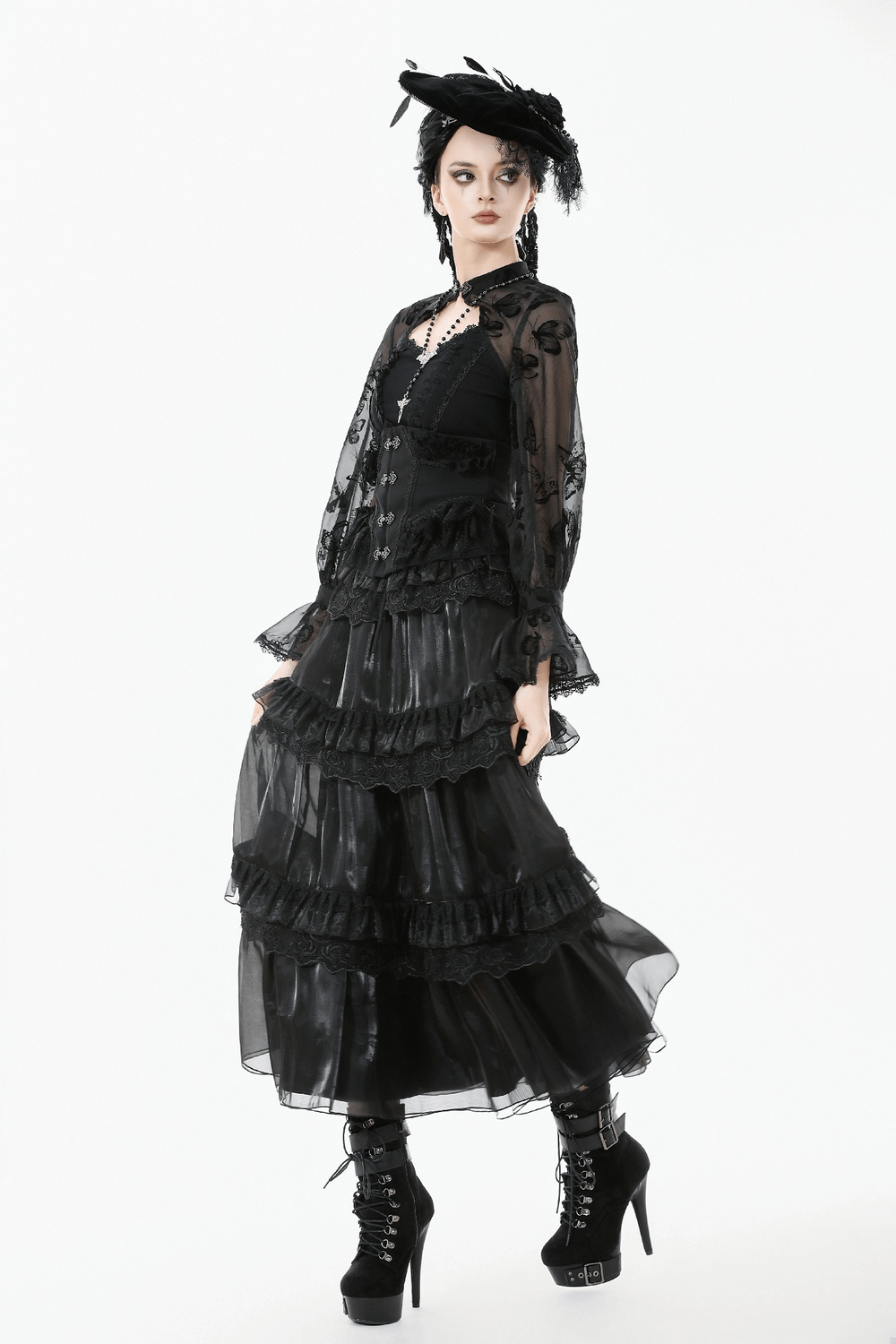 Female Layered Black Lace Mesh Skirt with Ruffled Tiers styled with gothic blouse and accessories.