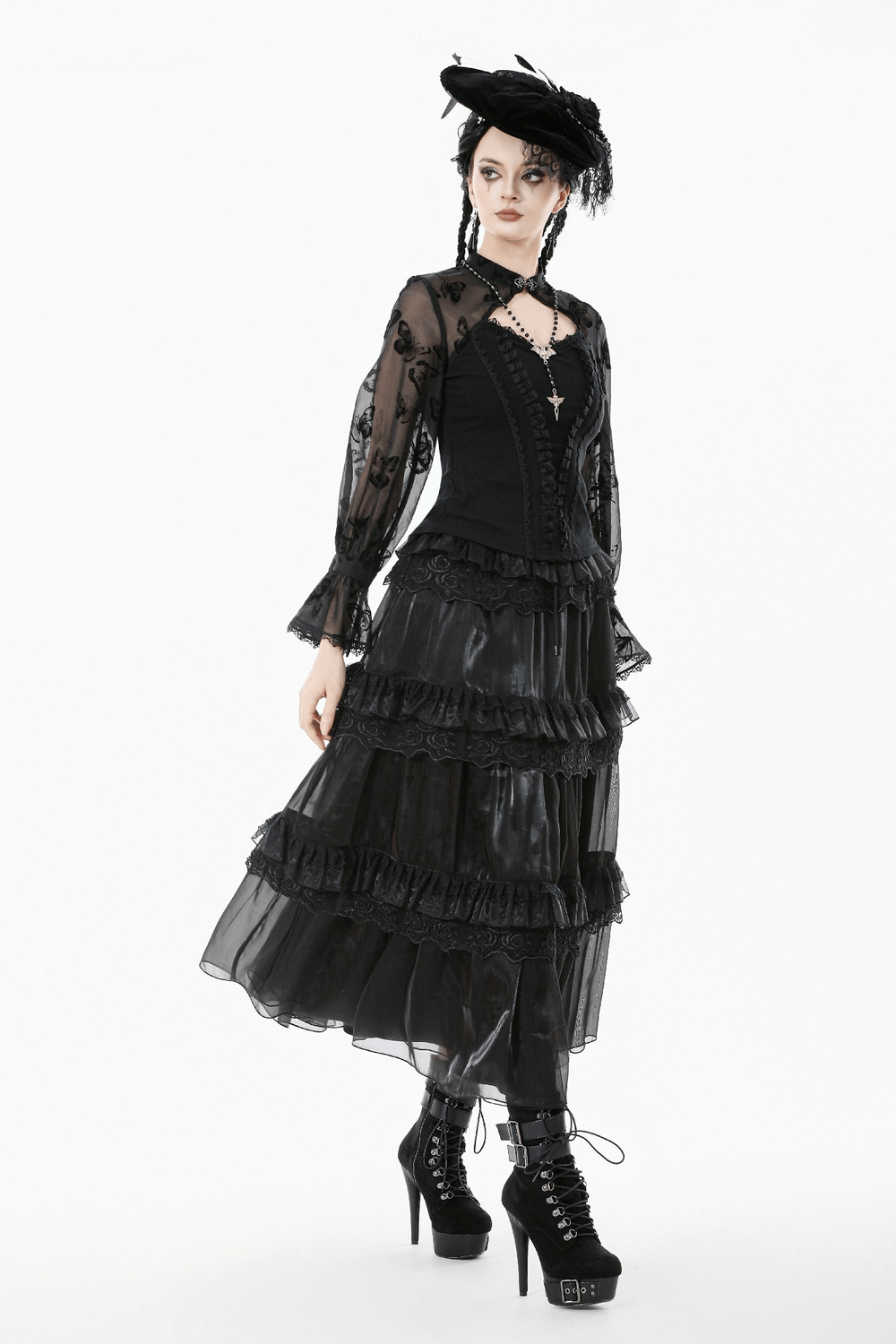 Female Layered Black Lace Mesh Skirt with Ruffled Tiers worn by model in gothic outfit.