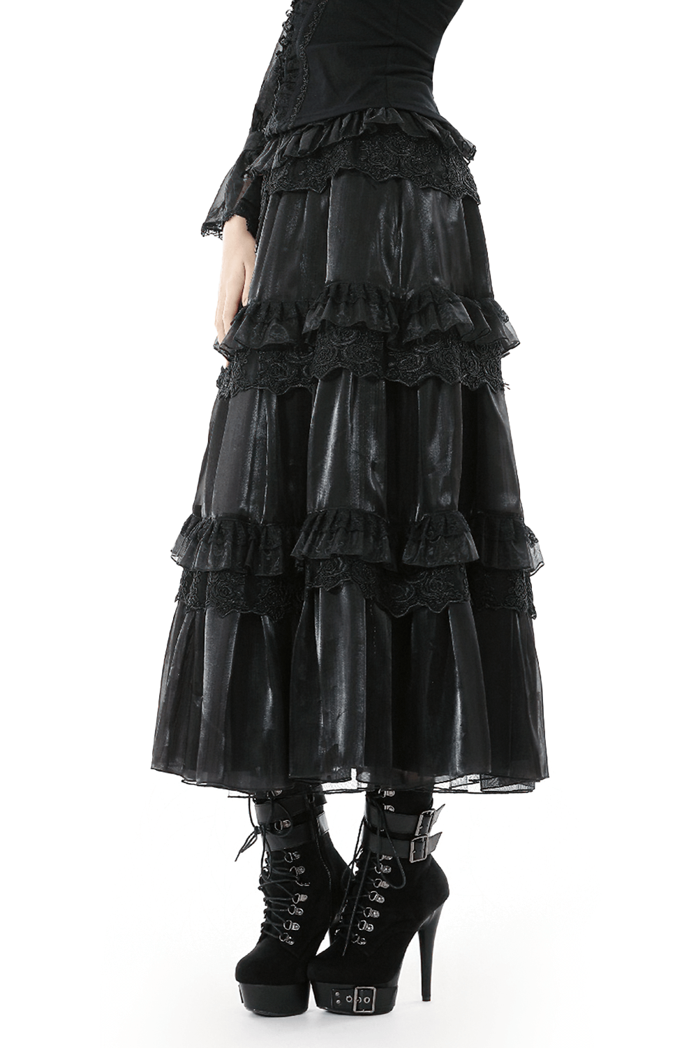 Female Layered Black Lace Mesh Skirt with Ruffled Tiers showcasing cascading ruffles and elegant movement.
