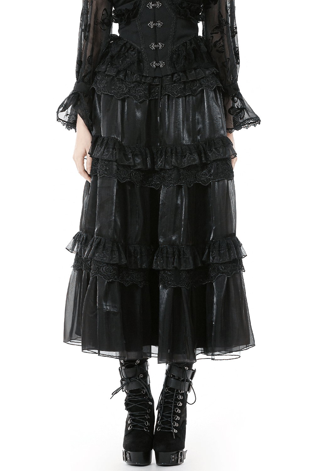 Female Layered Black Lace Mesh Skirt with Ruffled Tiers featuring cascading ruffles and intricate lace details.