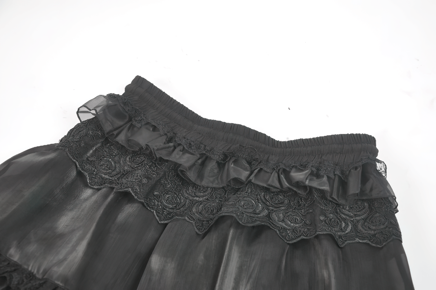 Female Layered Black Lace Mesh Skirt with Ruffled Tiers showcasing intricate lace and ruffle detailing.