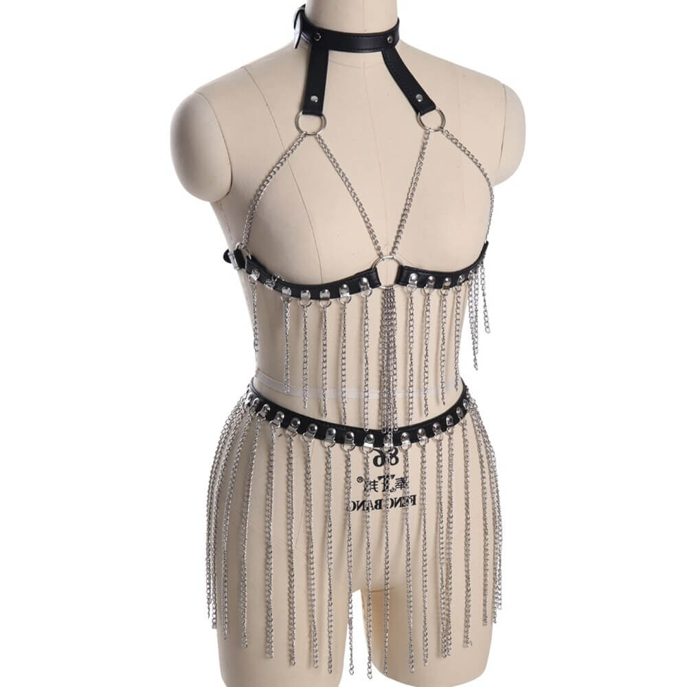 Female Leather Body Harness with Hanging Chains / Gothic Fashion Festival Accessories - HARD'N'HEAVY