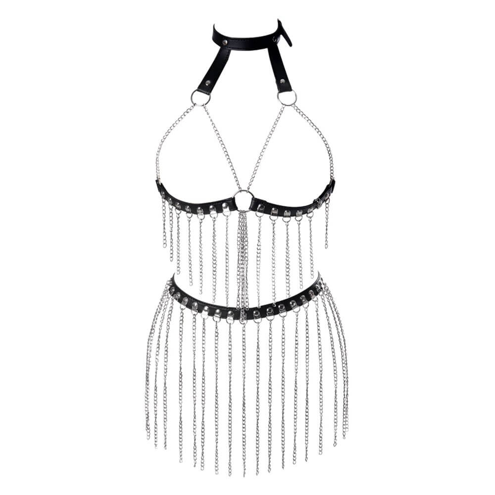 Gothic leather body harness with hanging chains for women, perfect for festivals or alternative style statements.