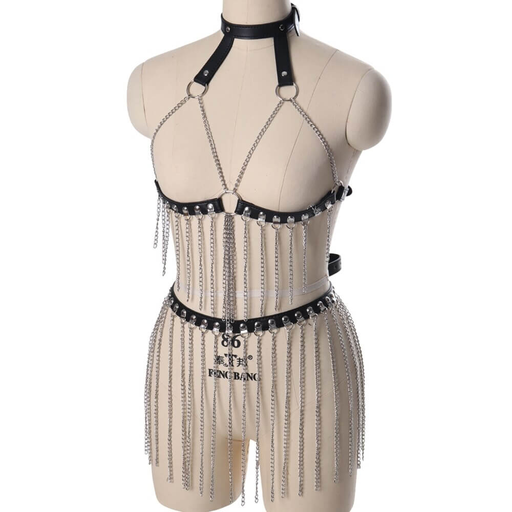 Gothic leather body harness with chains on mannequin - perfect for festivals or alternative style enthusiasts.