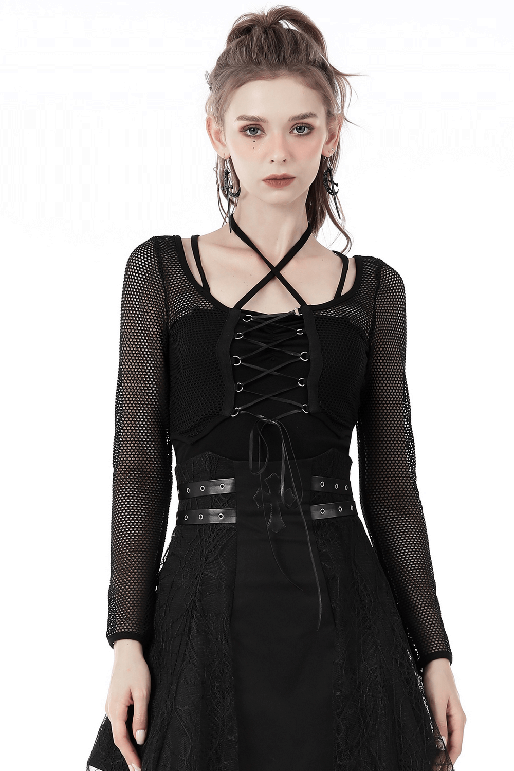 Female Mesh Gothic Crop Top with Long Sleeves