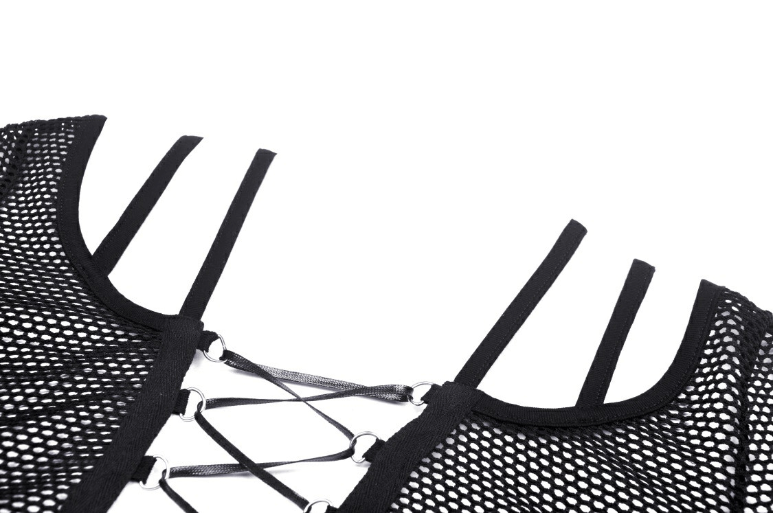 Close-up of female black mesh gothic crop top showing laced back and edgy strap design.