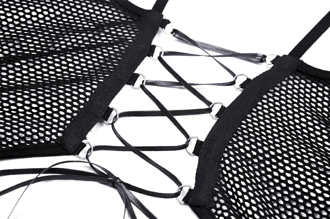 Close-up of black mesh crop top featuring edgy lace-up detailing and sheer fabric for a bold punk style.