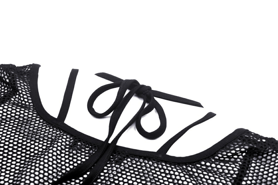 Close-up of black mesh gothic crop top with long sleeves and a stylish tie detail at the neckline.