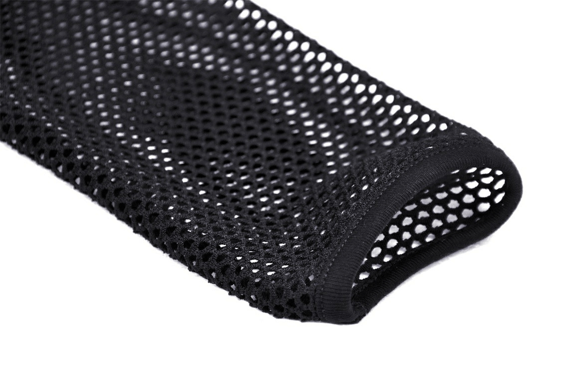 Close-up of black mesh fabric showcasing breathable texture for gothic crop top long sleeves.