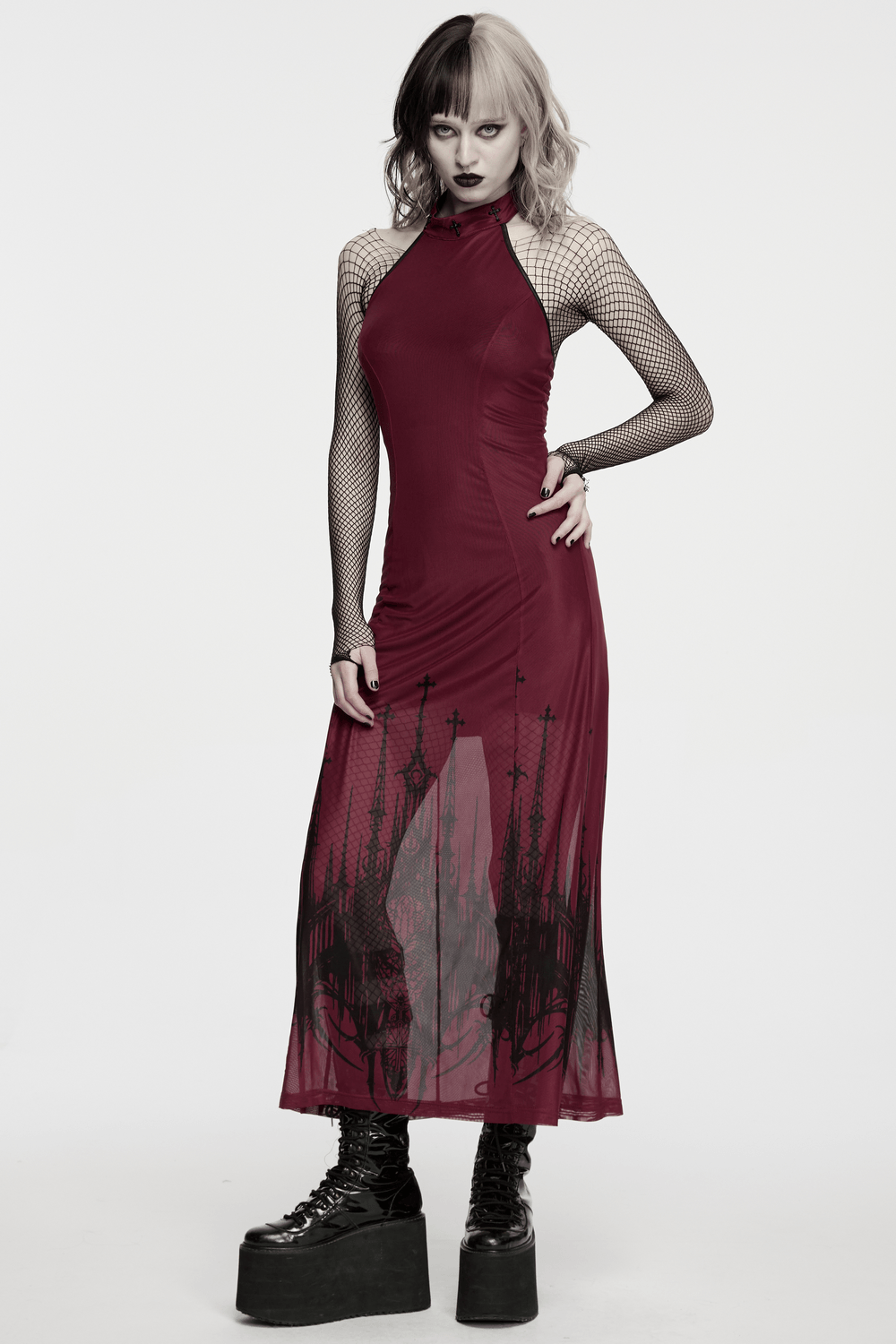 Female Mesh Gothic Halter Maxi Dress with Church Print featuring a dramatic gothic church print and lace-up back.