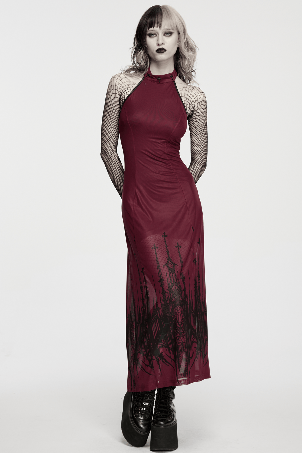 Female Mesh Gothic Halter Maxi Dress with Church Print