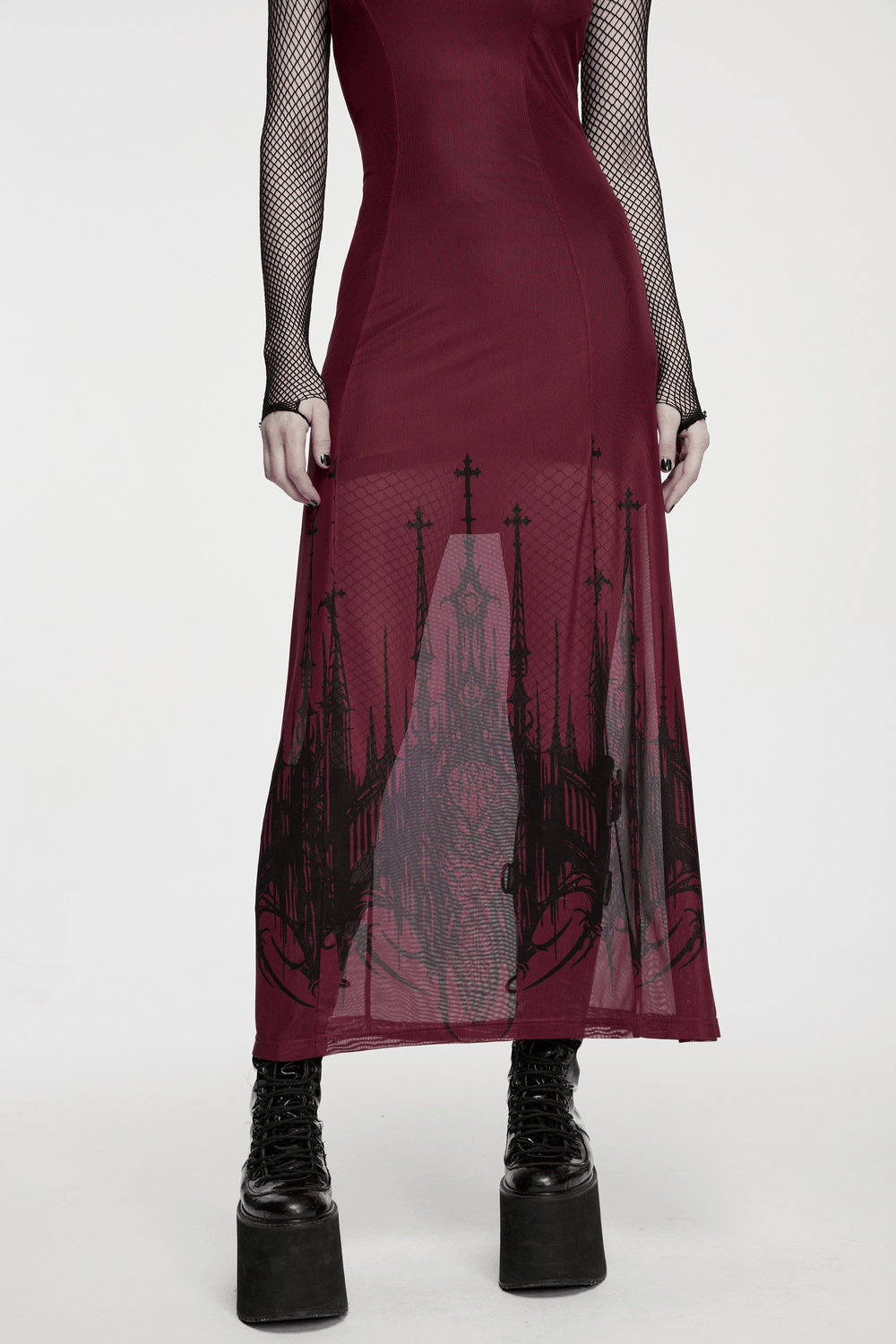 Female Mesh Gothic Halter Maxi Dress with Church Print featuring dramatic church print and lace-up back detail.