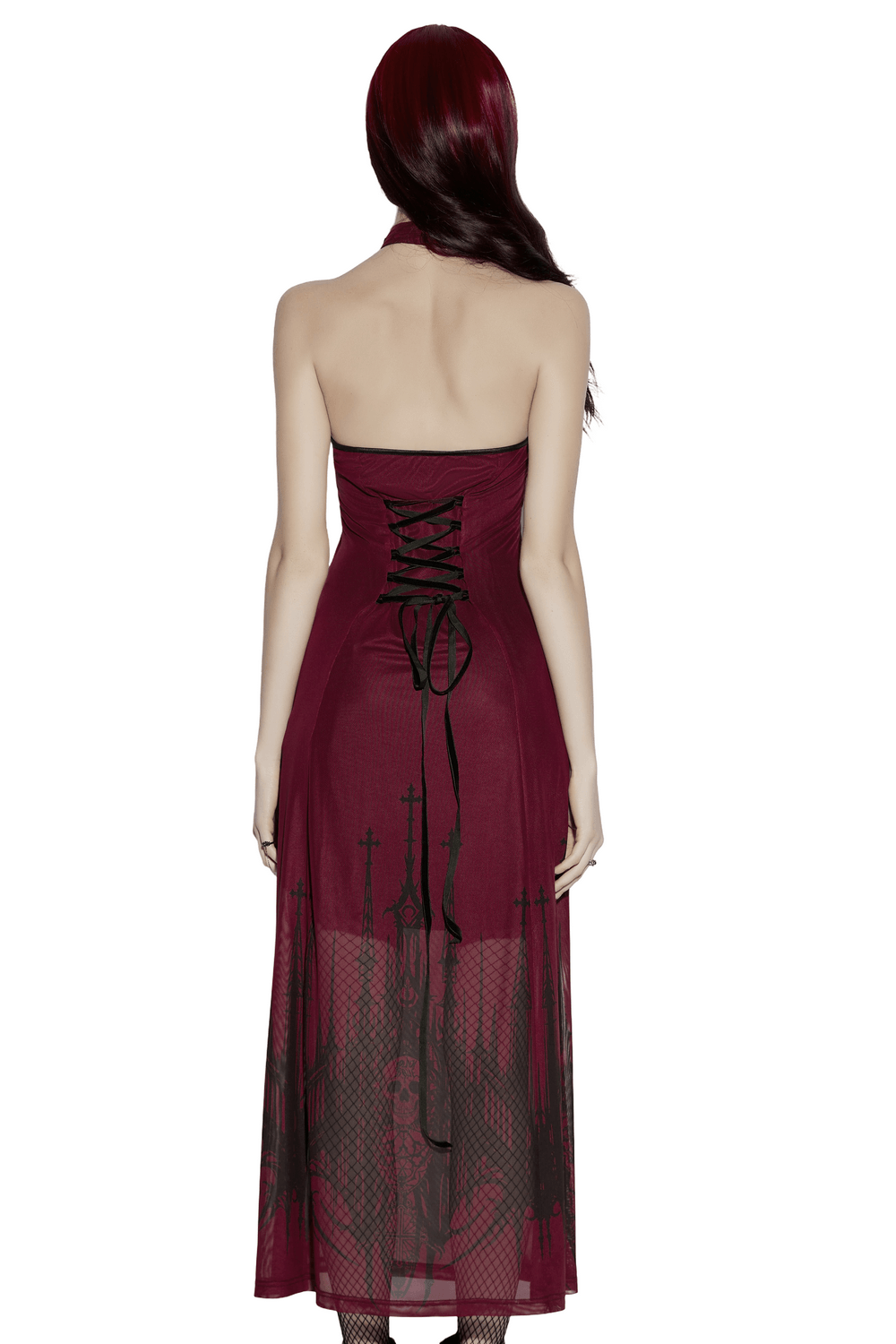 Female Mesh Gothic Halter Maxi Dress with Church Print