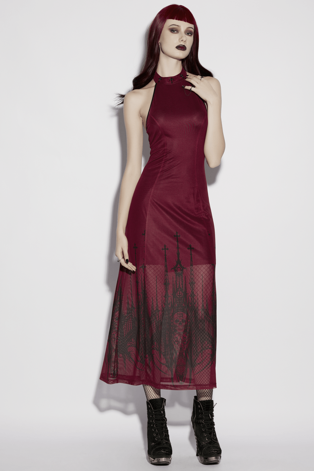 Female Mesh Gothic Halter Maxi Dress with Church Print featuring dramatic church print and lace-up back detail.