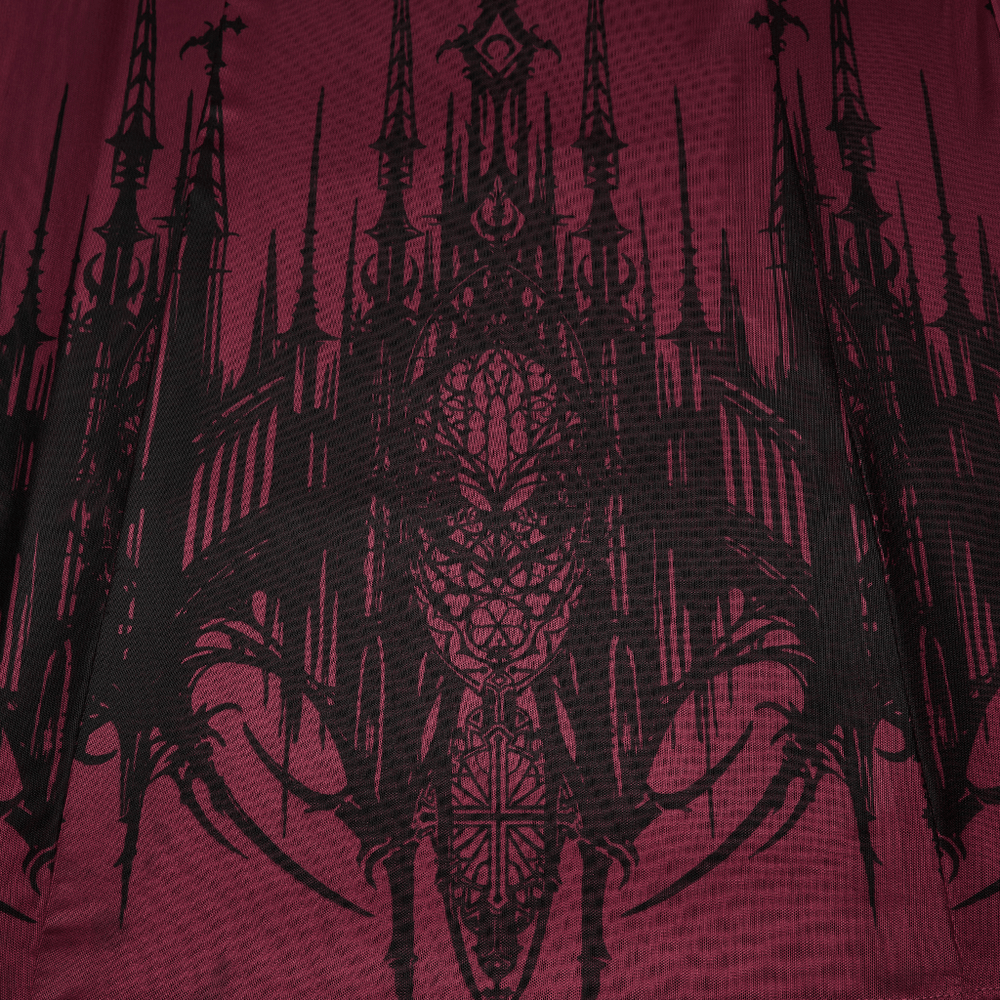 Female Mesh Gothic Halter Maxi Dress with Church Print showcasing dramatic burgundy church design