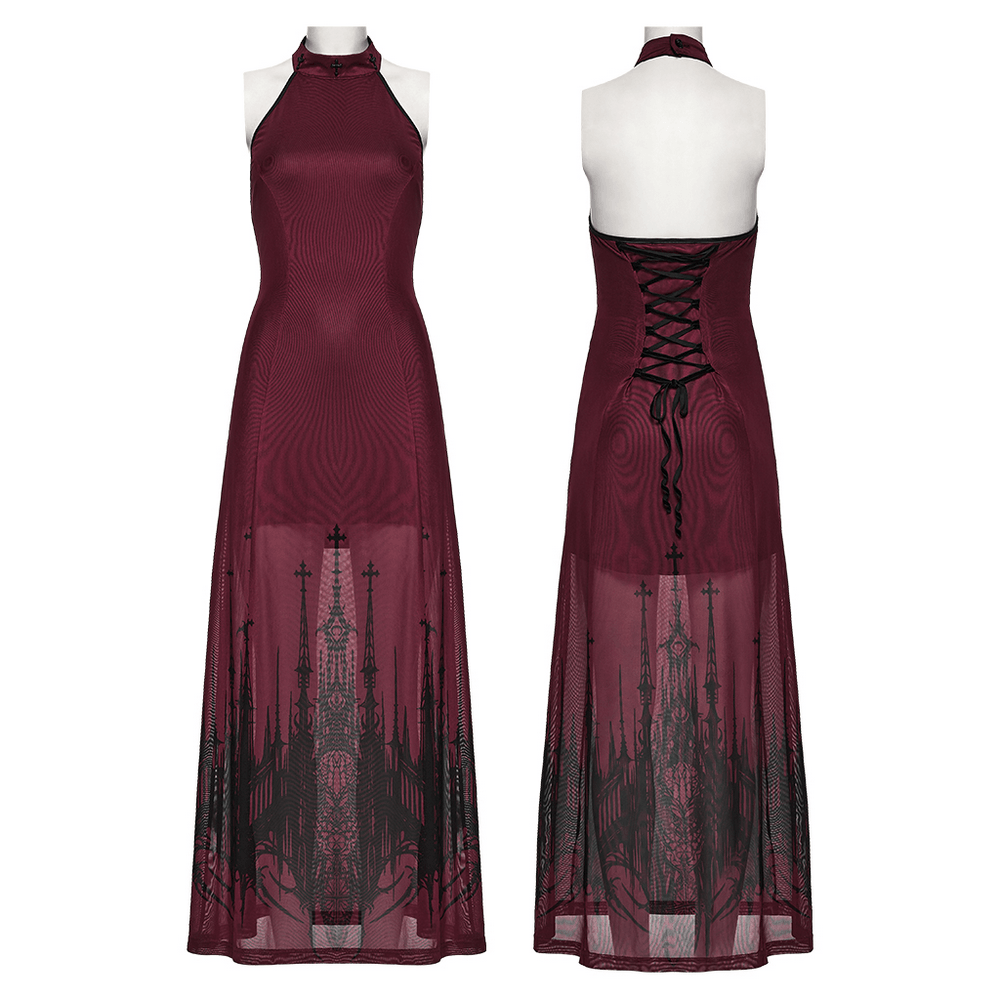 Female Mesh Gothic Halter Maxi Dress with Church Print featuring lace-up back and dramatic church print design.