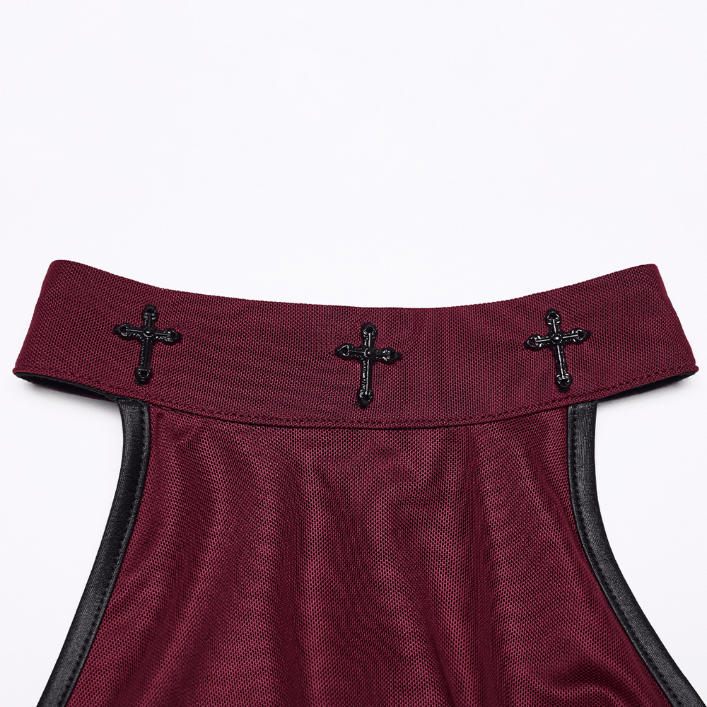 Female Mesh Gothic Halter Maxi Dress with Church Print halter neckline featuring cross studs detail in burgundy.