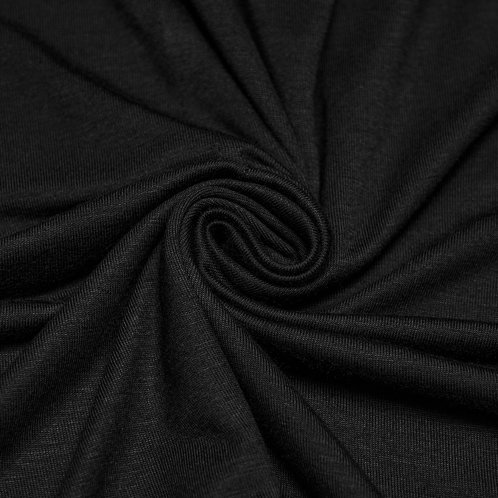 Close-up of soft black fabric for Female Mesh Gothic Halter Maxi Dress with Church Print, highlighting its luxurious texture.
