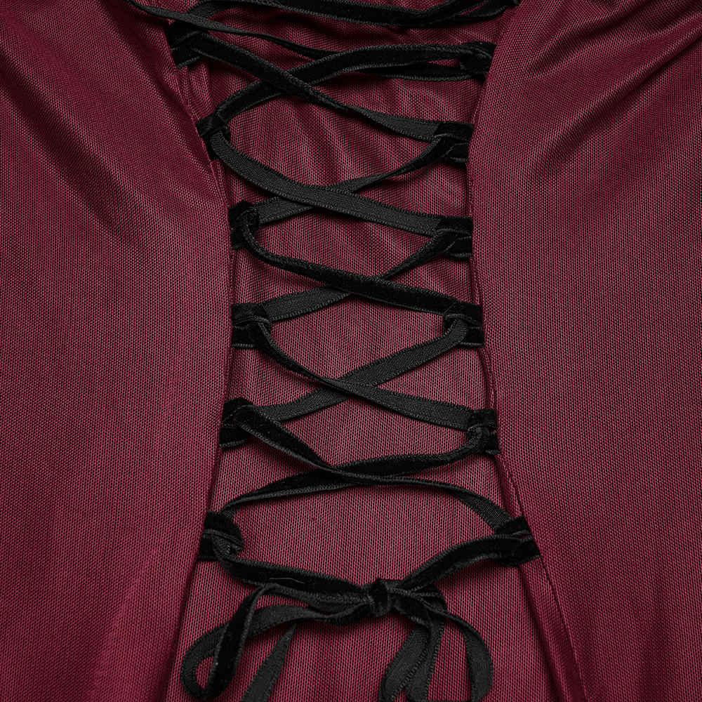 Female Mesh Gothic Halter Maxi Dress with Church Print lace-up back detail in burgundy fabric.