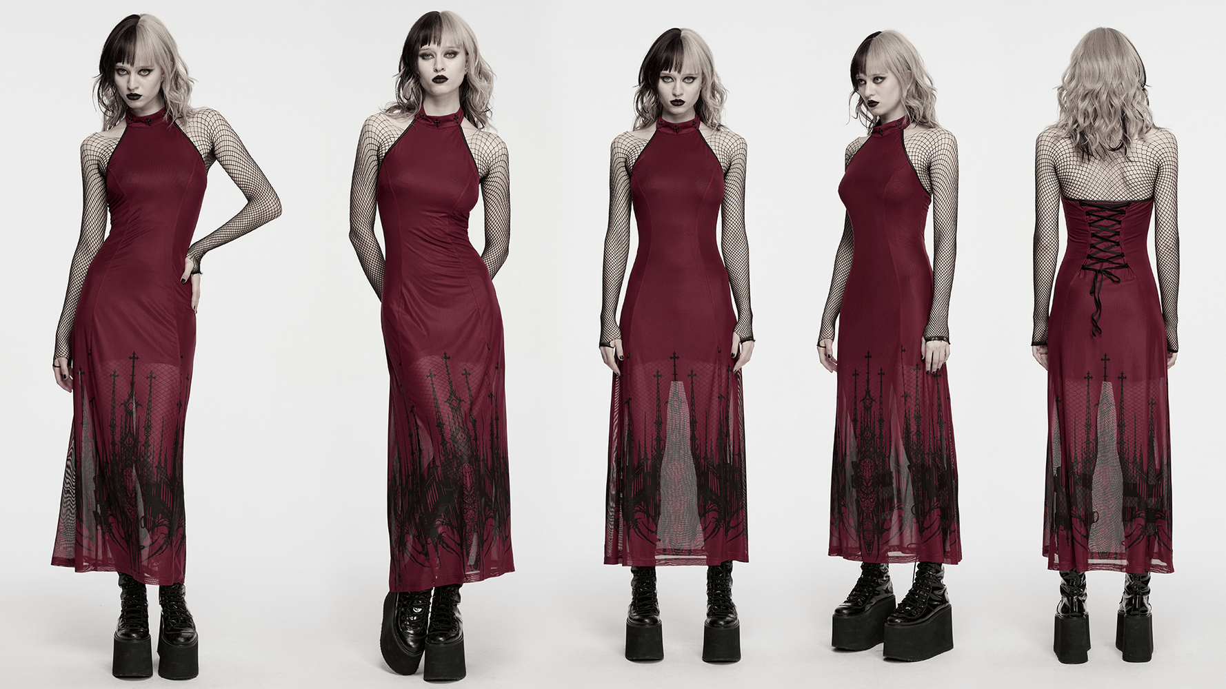 Female Mesh Gothic Halter Maxi Dress with Church Print showcasing burgundy fabric and dramatic gothic church print details.