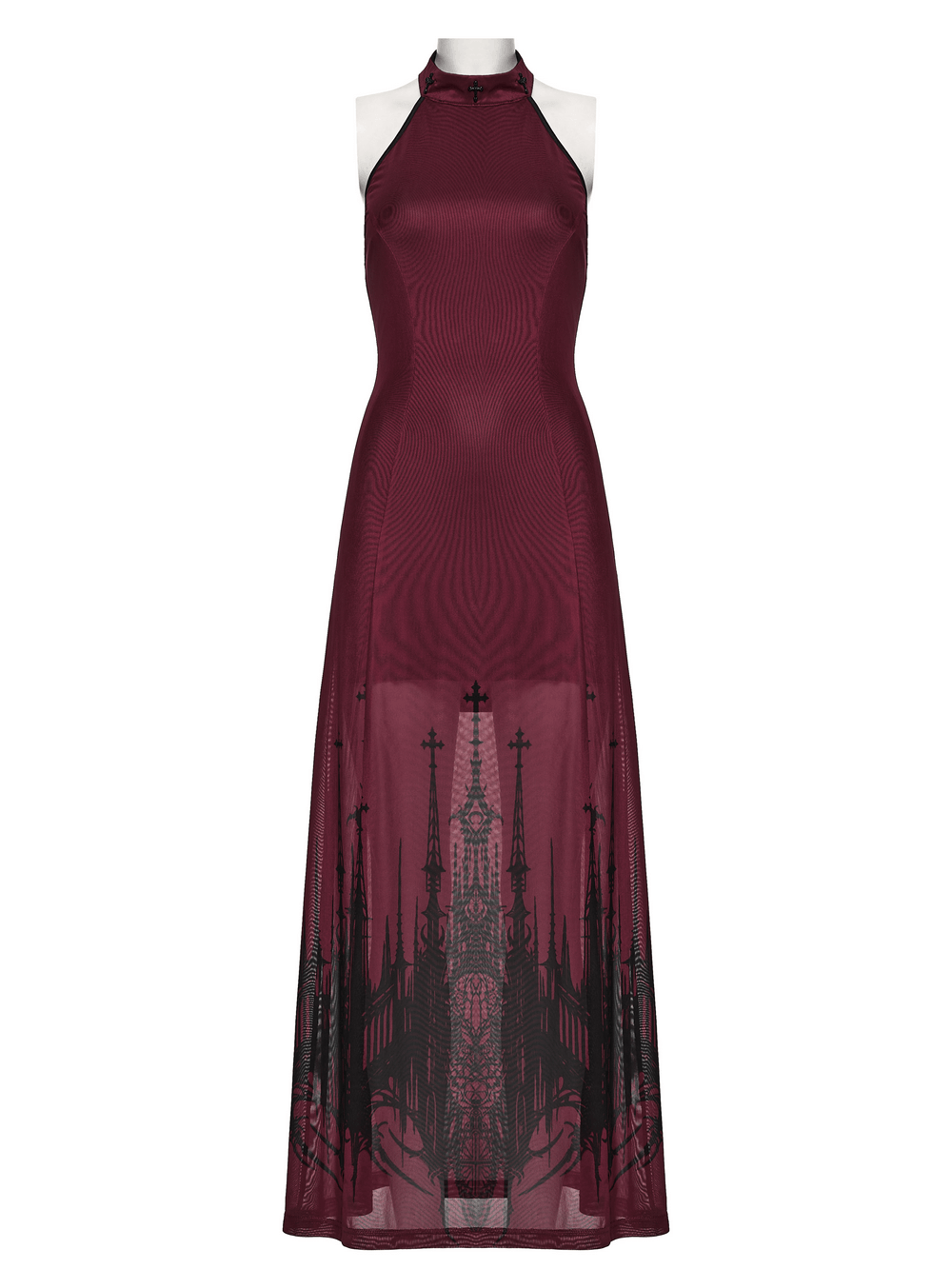 Female Mesh Gothic Halter Maxi Dress with Church Print in burgundy with a dramatic church print design.