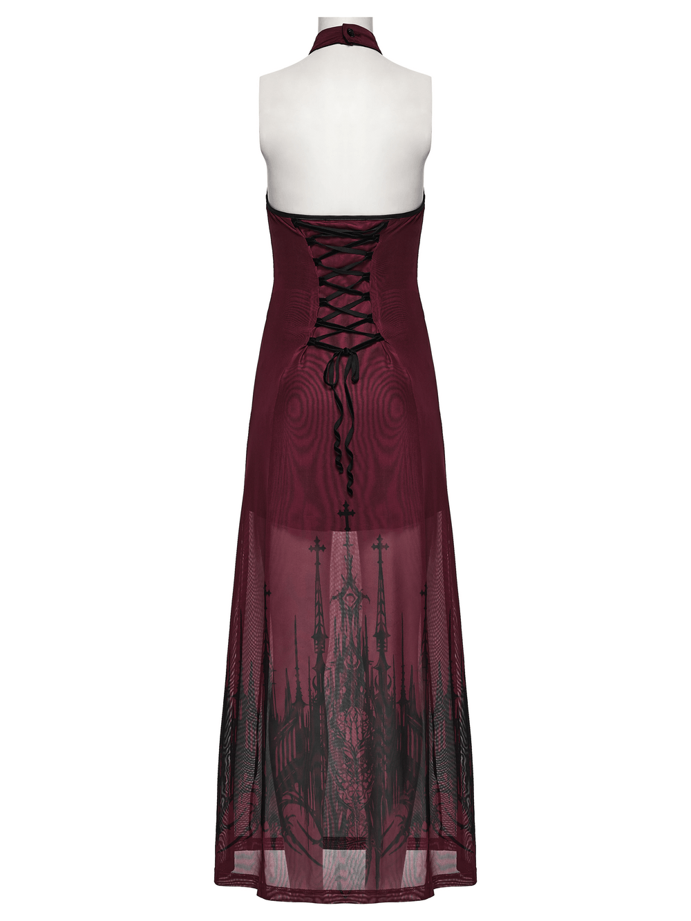 Female Mesh Gothic Halter Maxi Dress with Church Print back view showcasing lace-up design and dramatic church print.