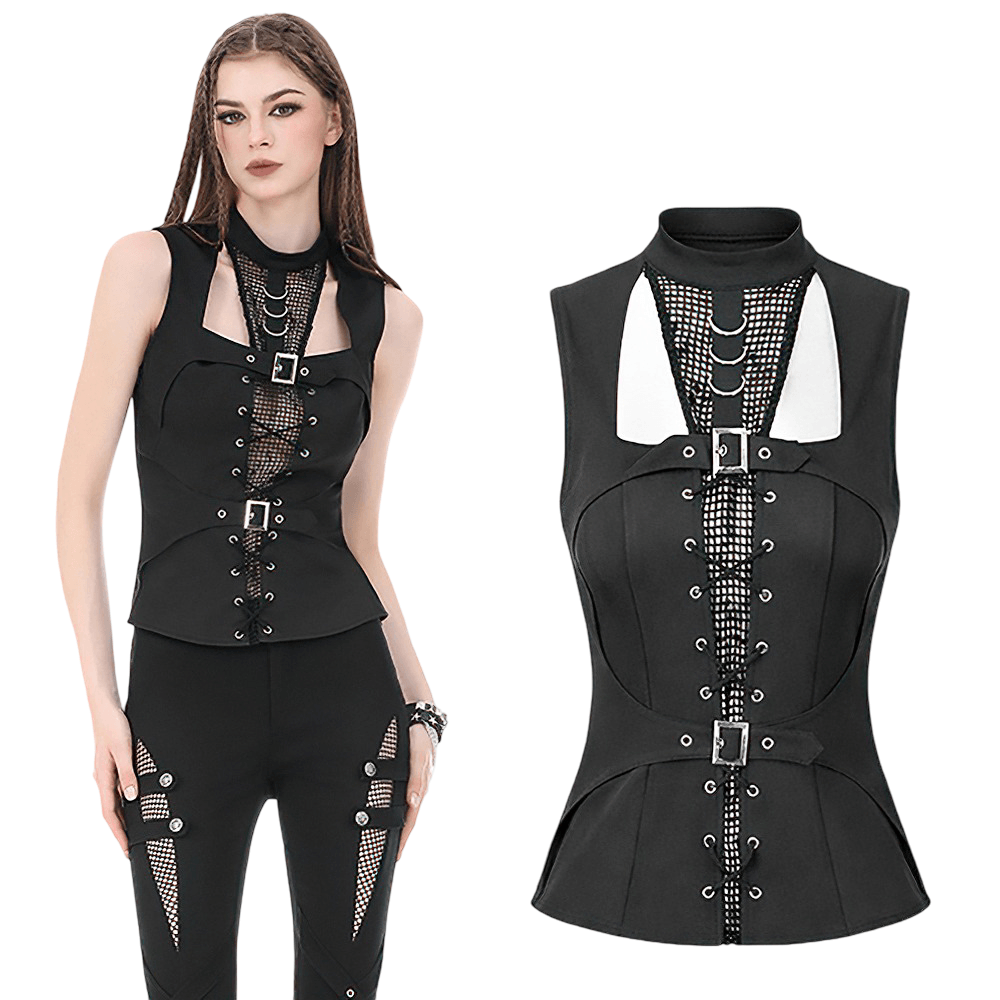 Female Mesh Lace-Up Sleeveless Top With Buckled Straps