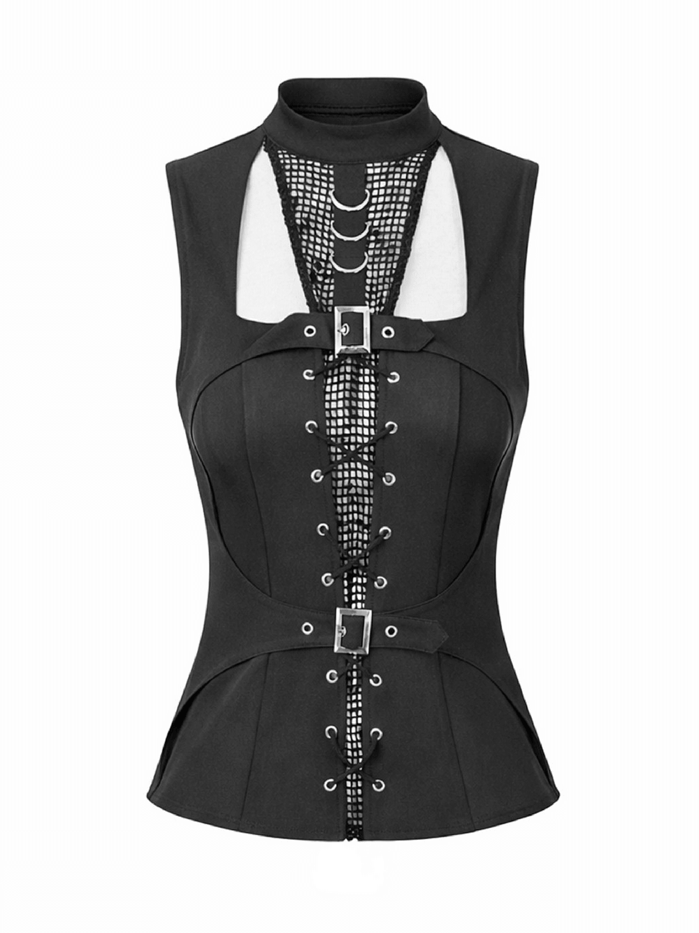 Female Mesh Lace-Up Sleeveless Top With Buckled Straps