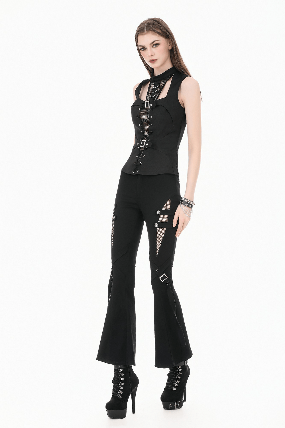 Female Mesh Lace-Up Sleeveless Top With Buckled Straps
