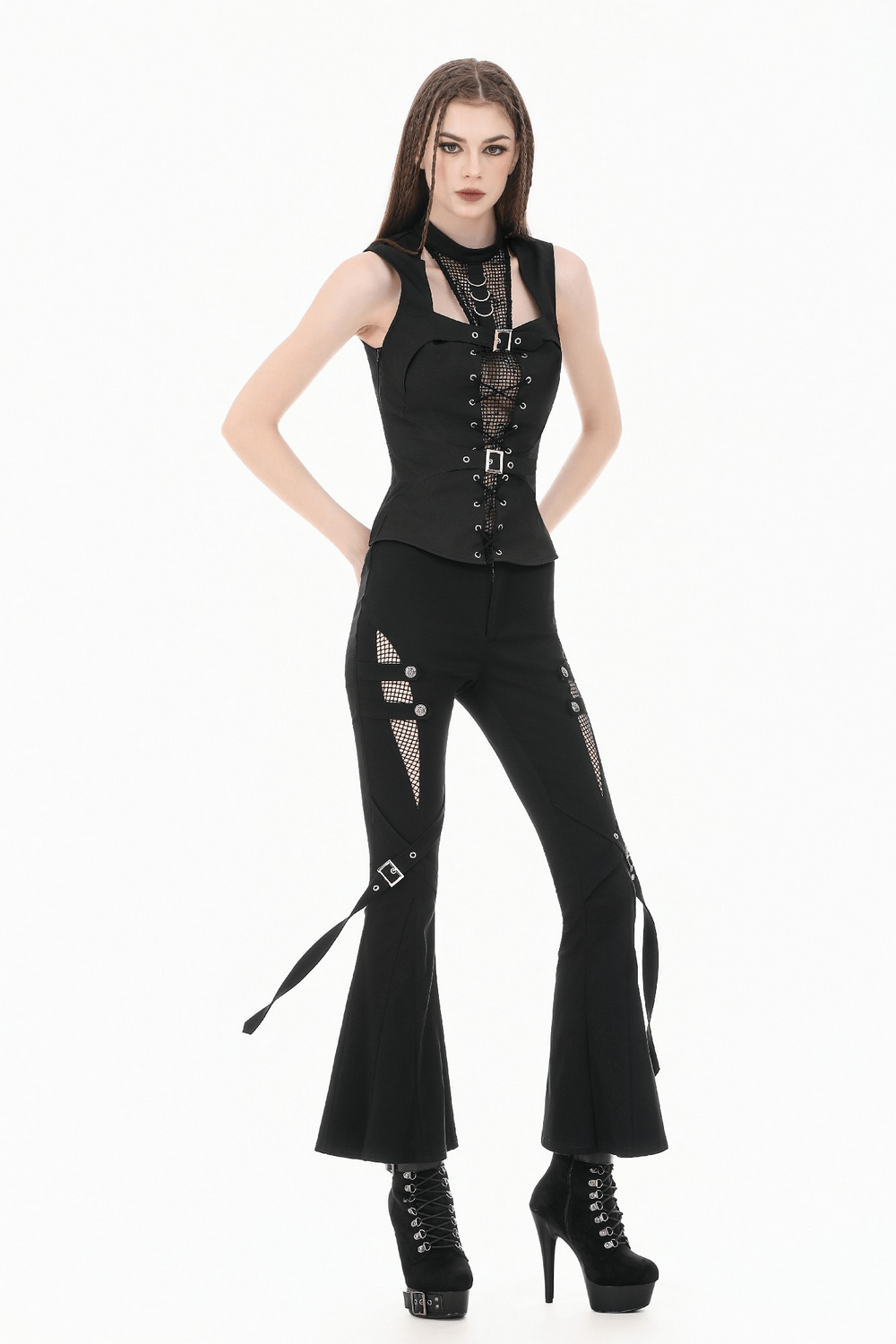 Female Mesh Lace-Up Sleeveless Top With Buckled Straps