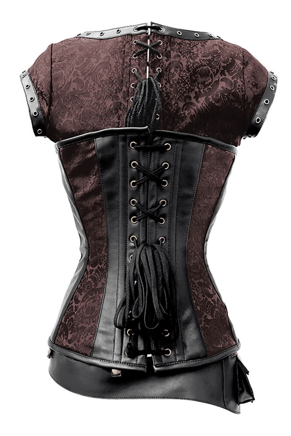 Alt Tag: Female Overbust Corset with Detachable Belt and Pouch Top, brown steampunk overbust steel-boned waist corset with back lacing and utility belt