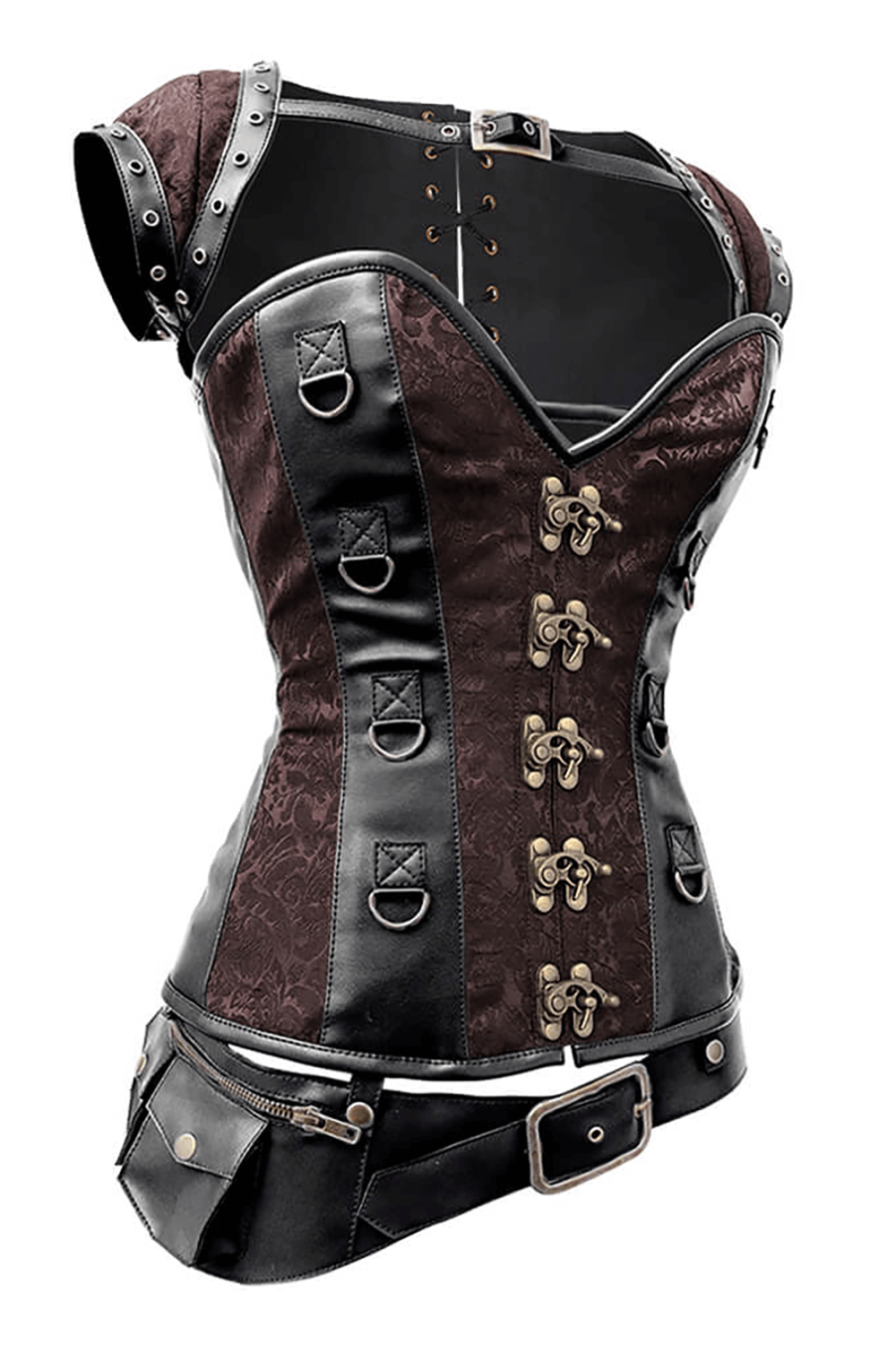 Alt Tag: Female Overbust Corset with Detachable Belt and Pouch Top brown steampunk corset with antique clasps, steel boning, utility belt