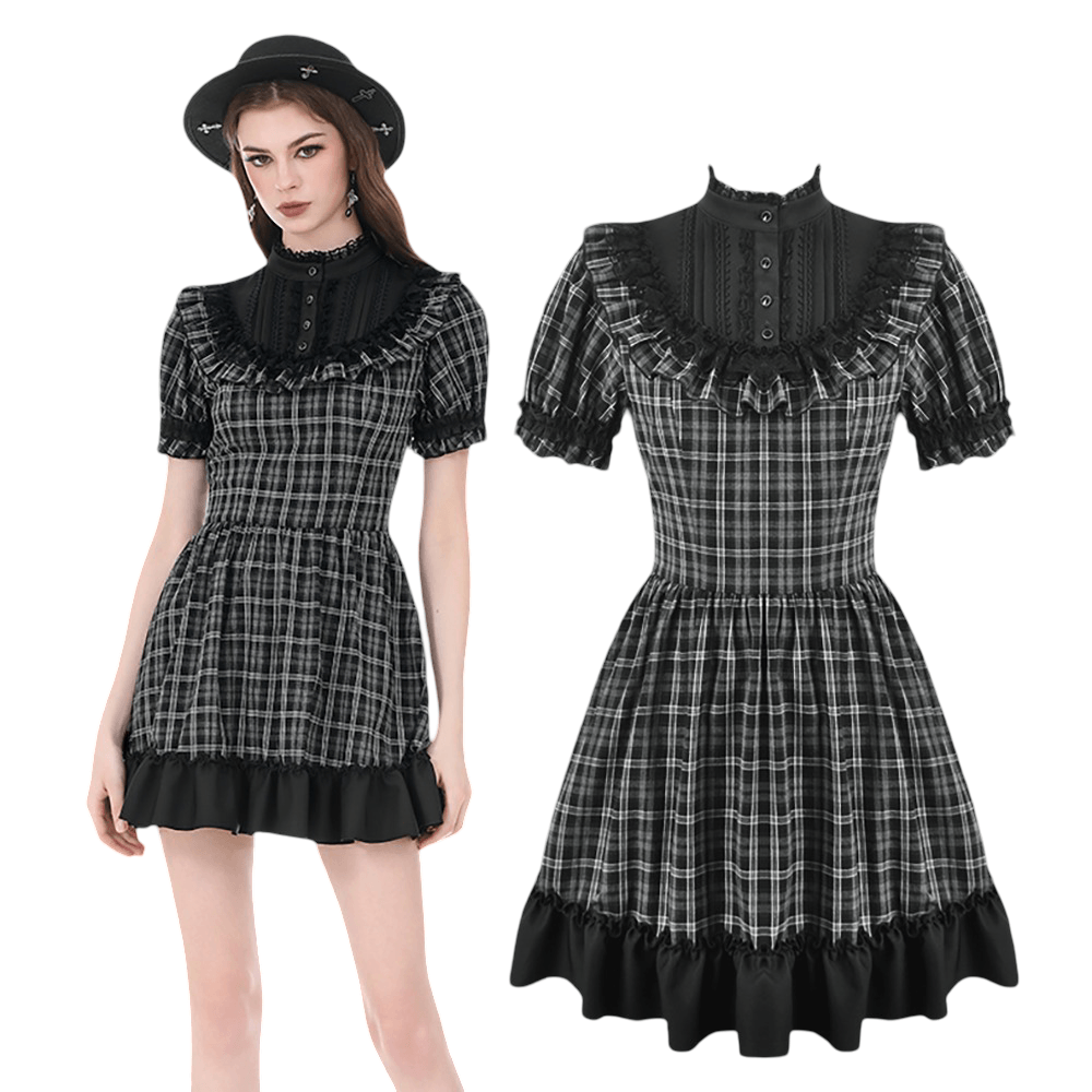 Female Plaid Lolita Dress with Lace Ruffle Trim and Bow