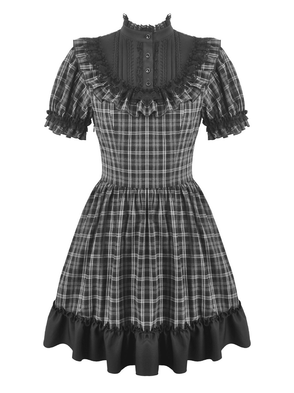Female Plaid Lolita Dress with Lace Ruffle Trim and Bow