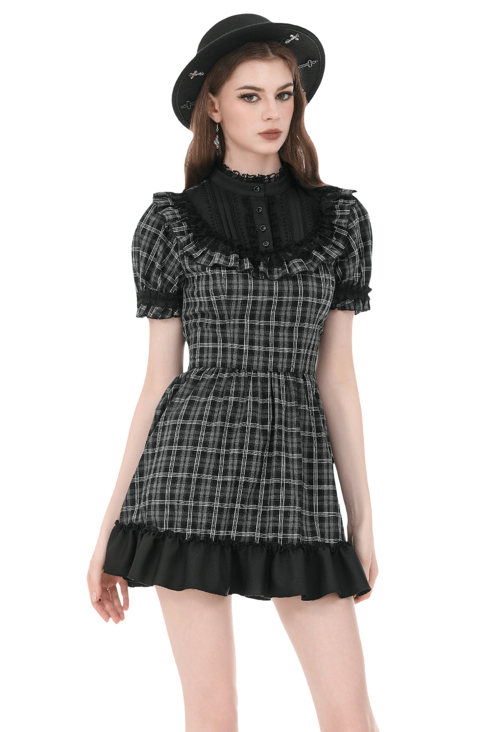 Female Plaid Lolita Dress with Lace Ruffle Trim and Bow