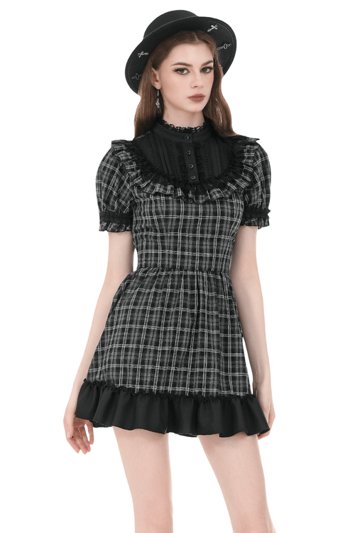Damen Karo Lolita Kleid mit Spitzenrüschenbesatz und Schleife