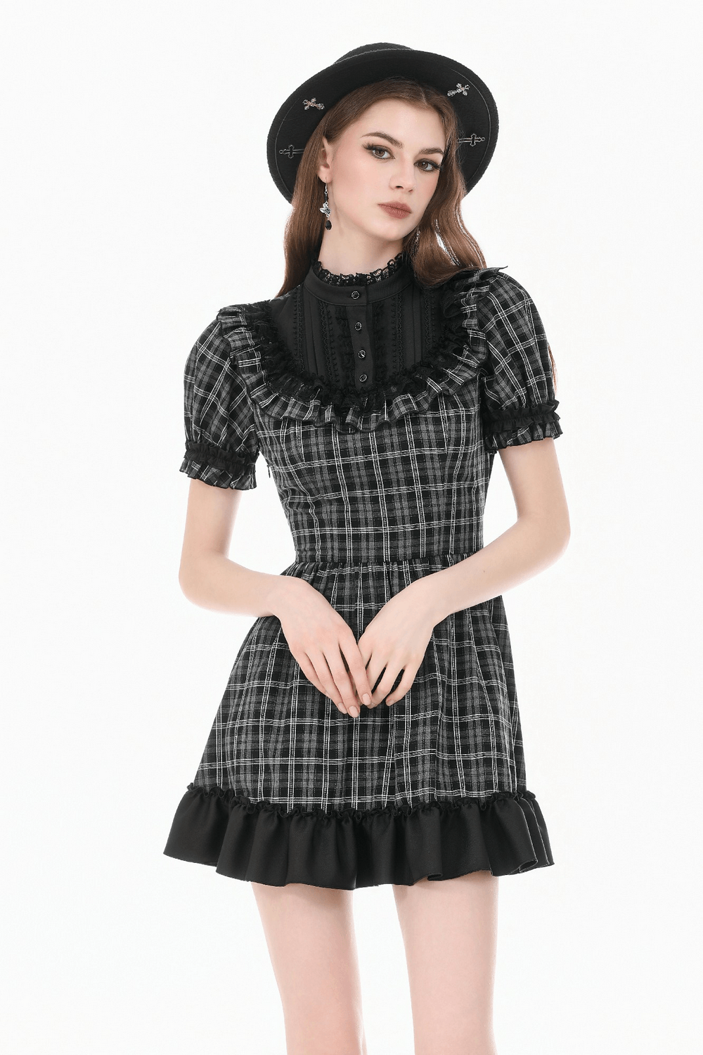 Female Plaid Lolita Dress with Lace Ruffle Trim and Bow