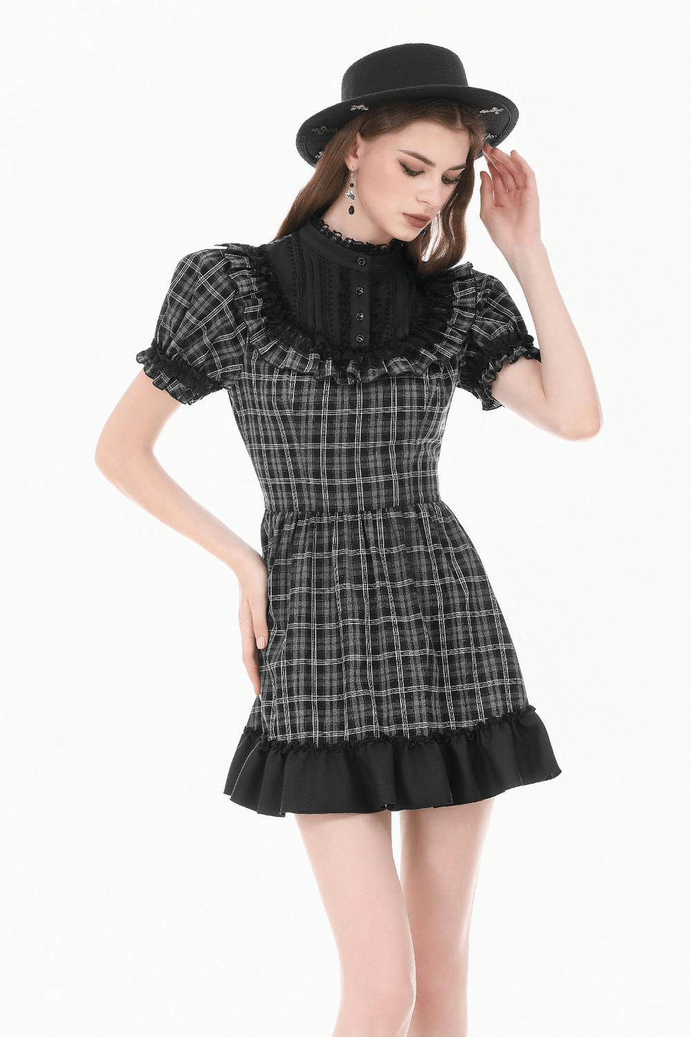 Female Plaid Lolita Dress with Lace Ruffle Trim and Bow
