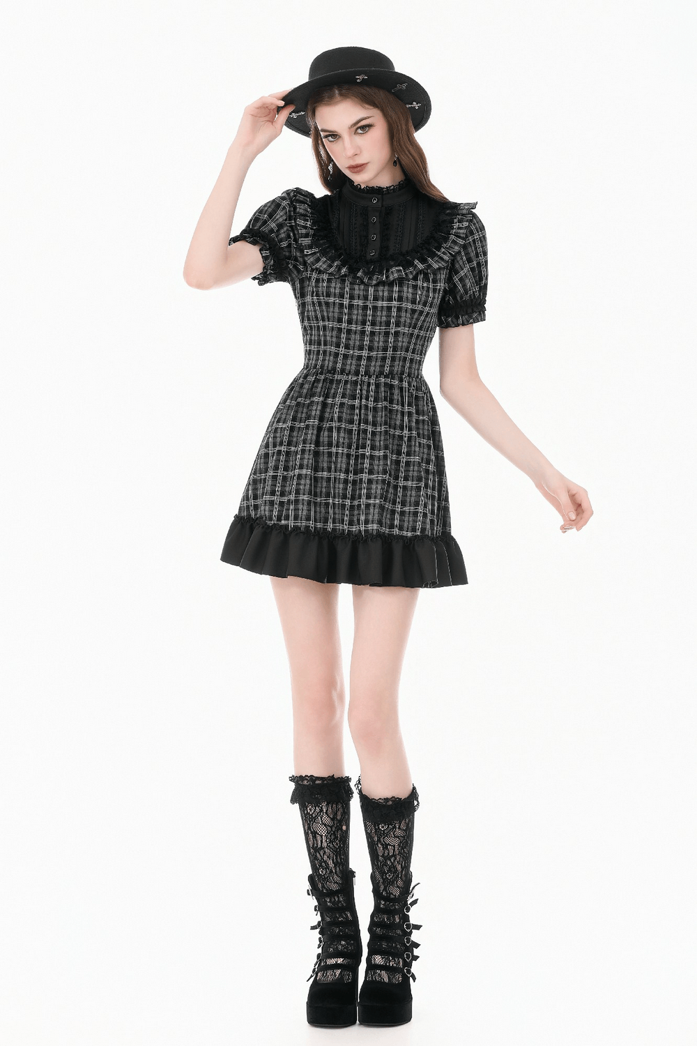 Female Plaid Lolita Dress with Lace Ruffle Trim and Bow