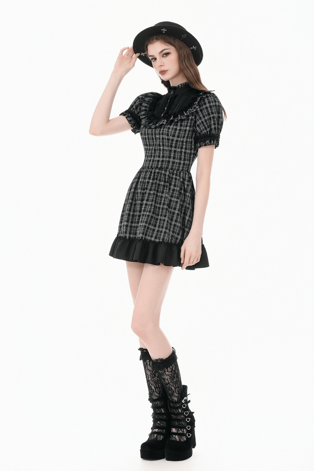 Female Plaid Lolita Dress with Lace Ruffle Trim and Bow