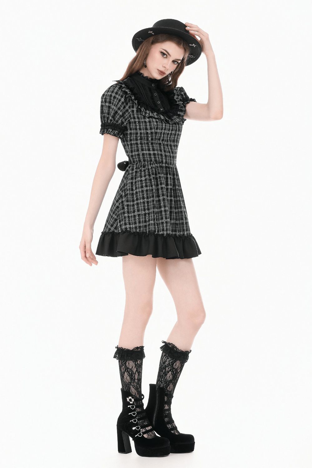 Female Plaid Lolita Dress with Lace Ruffle Trim and Bow