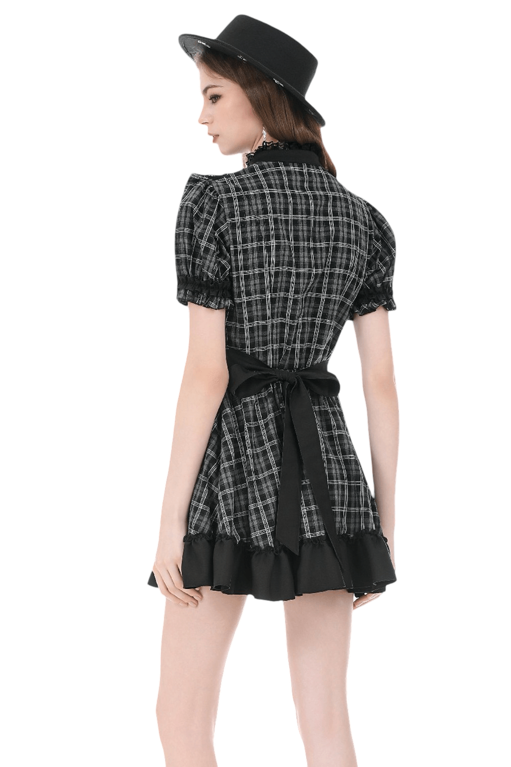 Female Plaid Lolita Dress with Lace Ruffle Trim and Bow