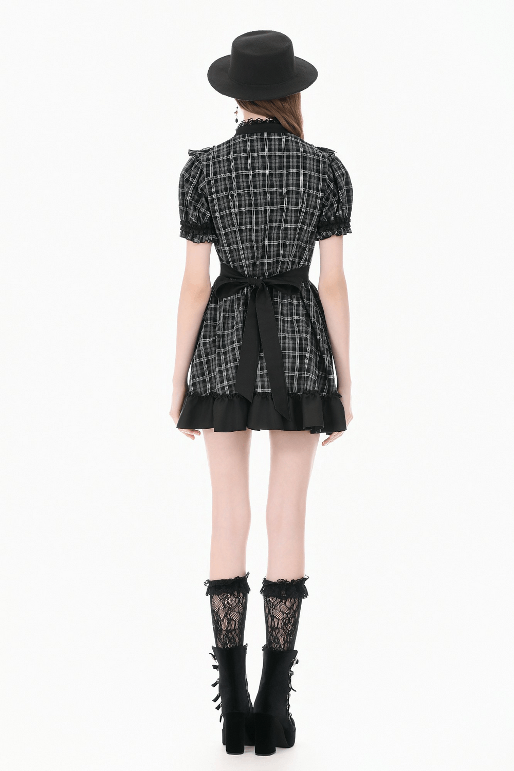 Female Plaid Lolita Dress with Lace Ruffle Trim and Bow