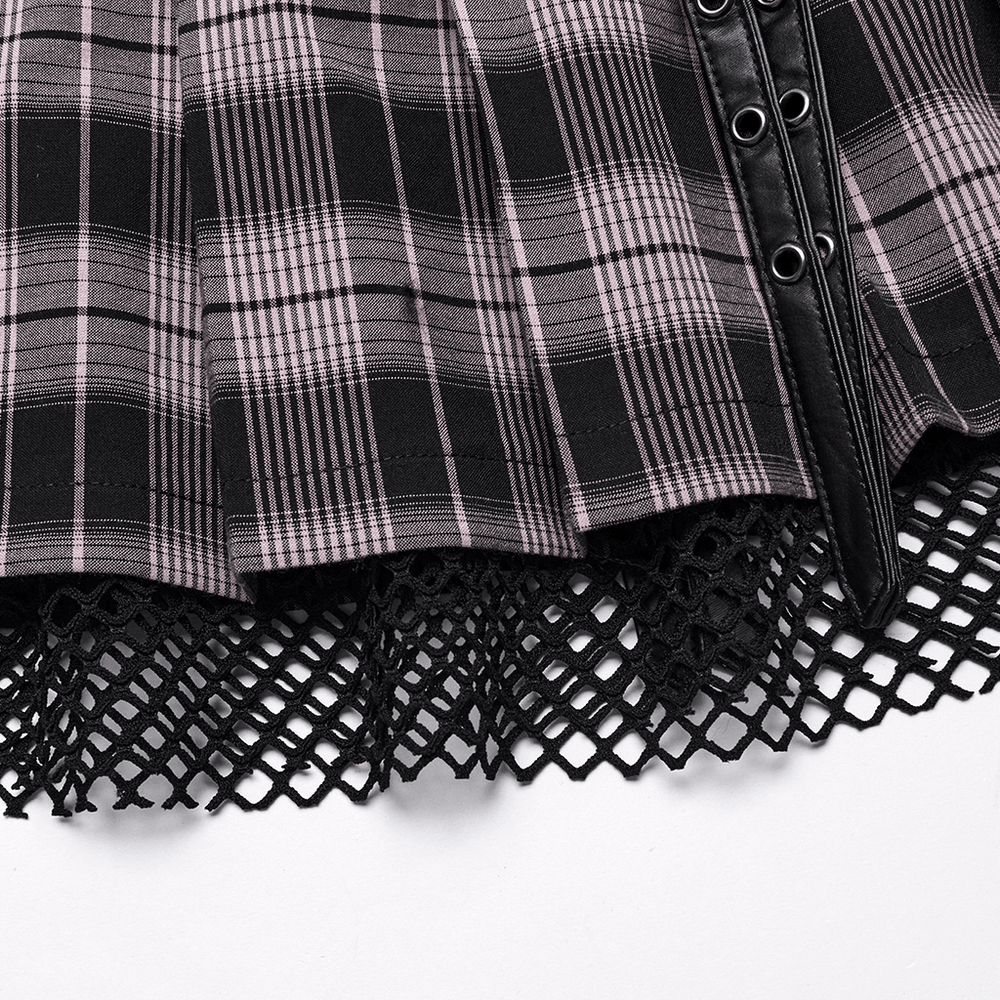Female Plaid Mini Skirt with Fishnet Layered Panel