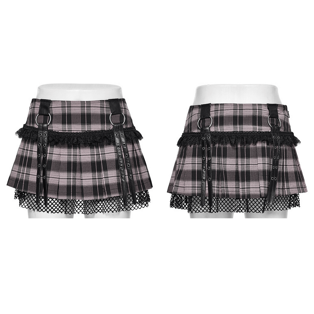 Black and pink plaid mini skirt with fishnet layered panel and punk-inspired details.