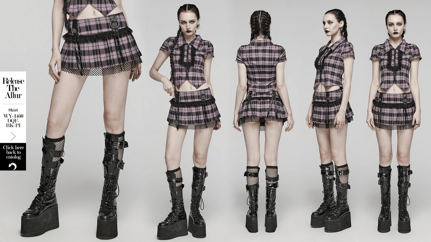 Black and pink plaid mini skirt with fishnet layered panel, showcasing an edgy rock-inspired look.