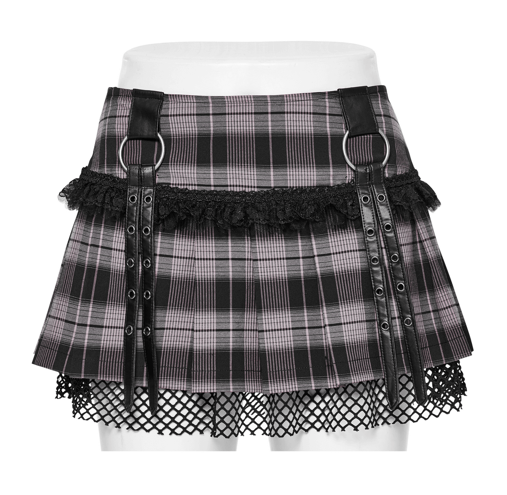 Black and pink plaid mini skirt with fishnet panel and punk-inspired details, perfect for edgy fashion.