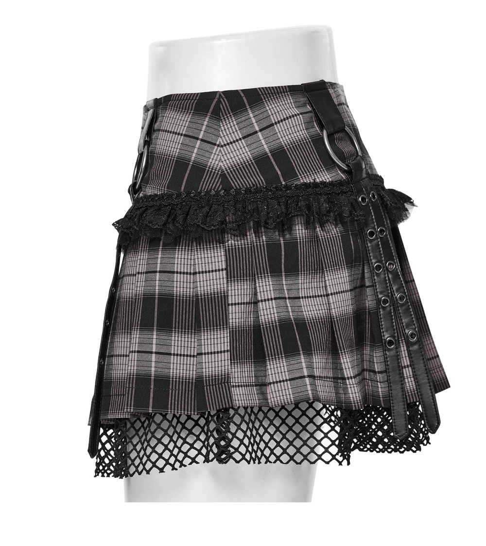 Edgy black and pink plaid mini skirt with fishnet layer and pleated design for a rockstar vibe.